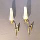 Pair of tall brass and white opaline sconces, mid-century France