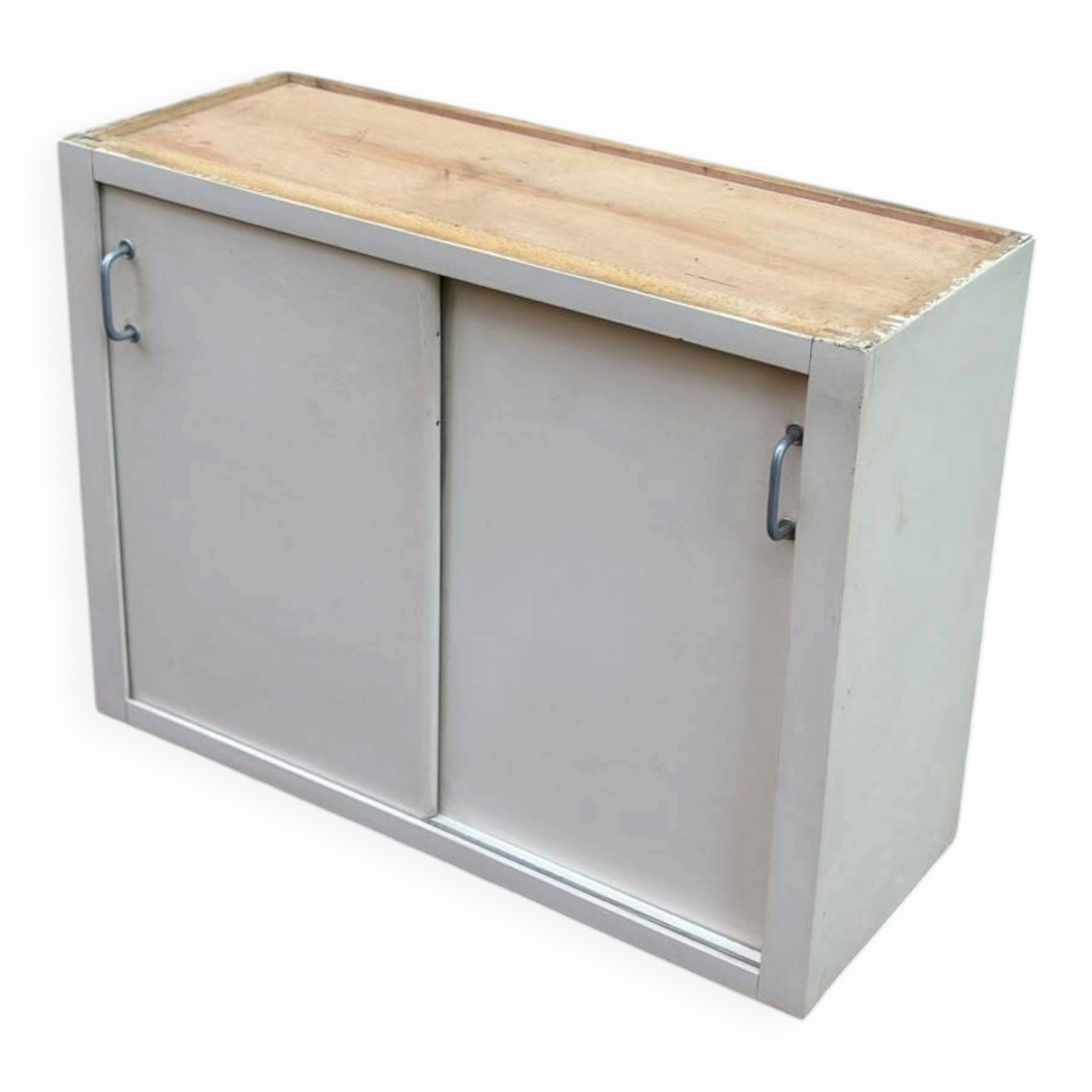 Vintage wall-mounted kitchen cabinet with sliding doors in 1960s retro style.