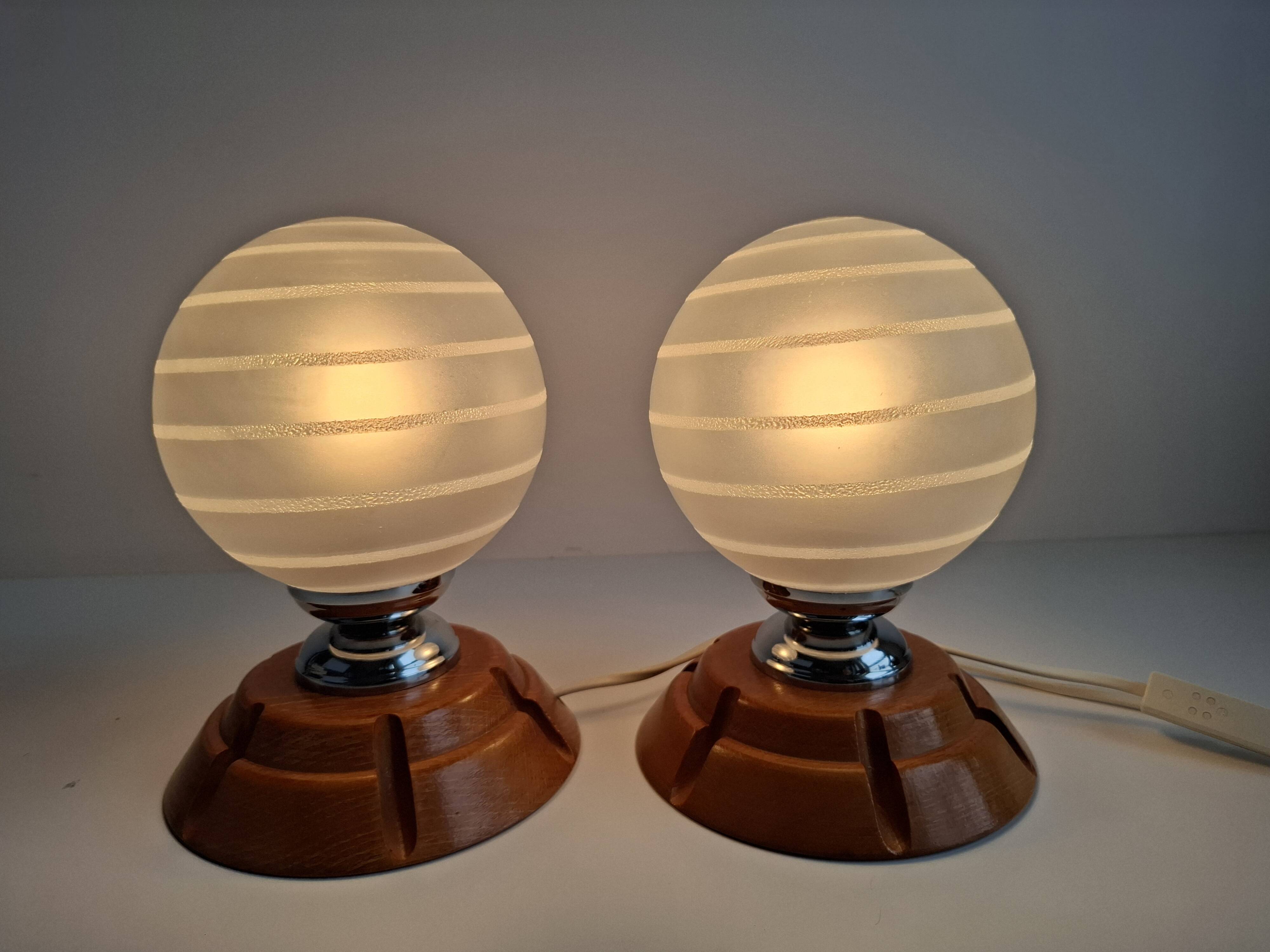 Pair of Mid-Century Czech Wood and Frosted Glass Table Lamps, 1990