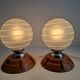 Pair of Mid-Century Czech Wood and Frosted Glass Table Lamps, 1990