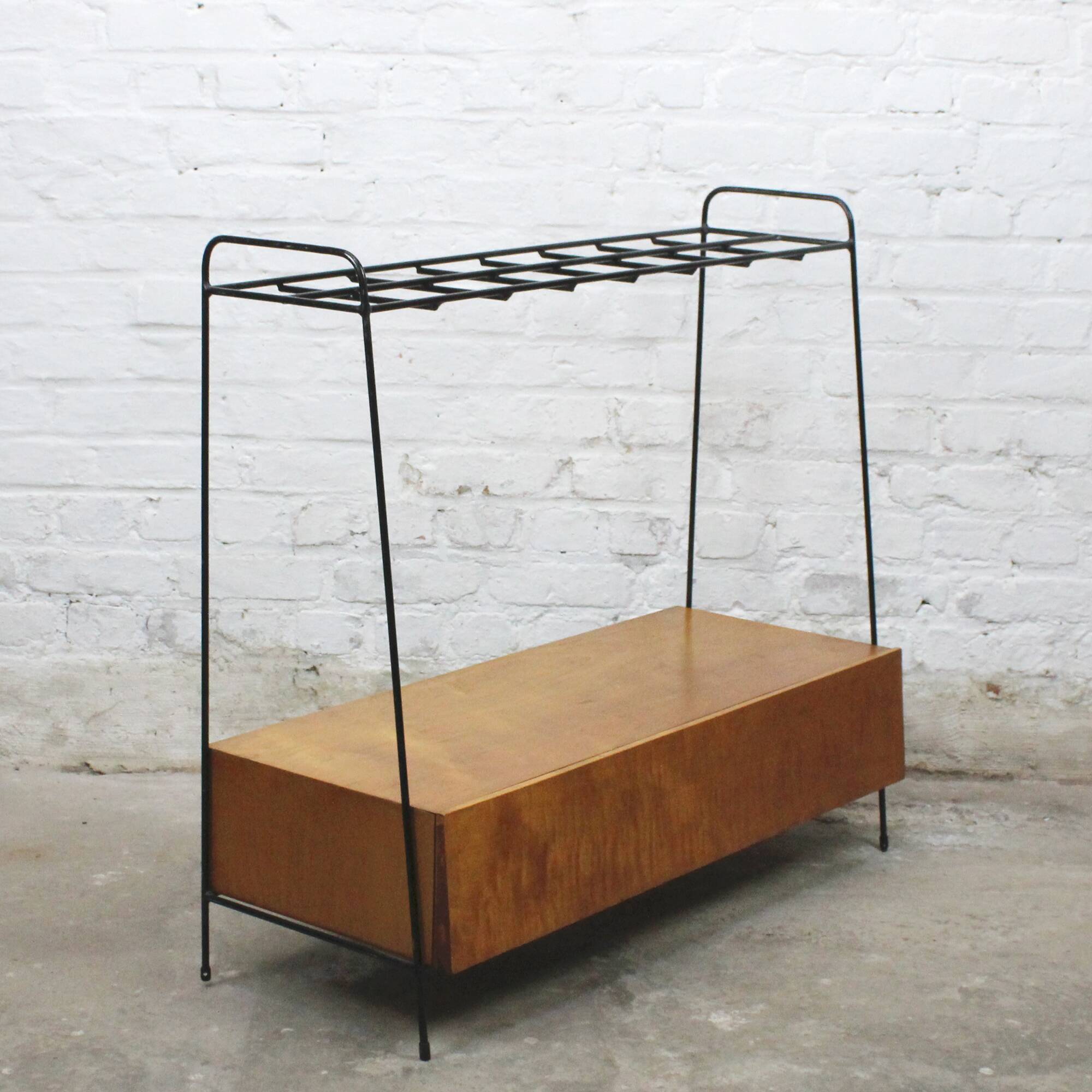 Vintage wood and lacquered metal storage unit.