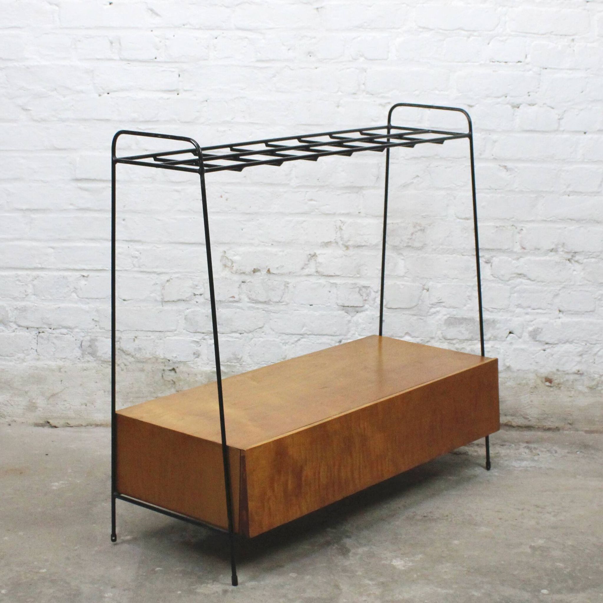 Vintage wood and lacquered metal storage unit.