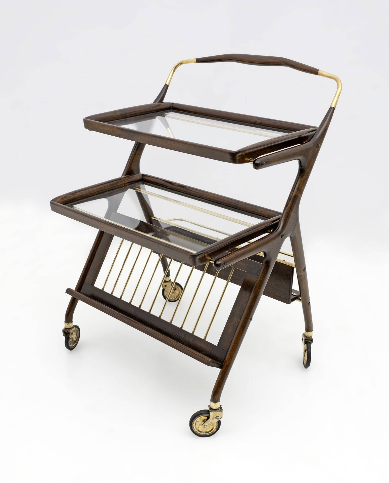 Cesare Lacca Mid-Century Modern Italian Walnut Brass Bar Cart by Cassina