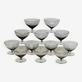12 vintage ice cream dessert cups in gray smoked blown crystal