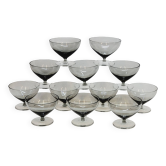 12 vintage ice cream dessert cups in gray smoked blown crystal