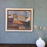 Mid-Century Modern Swedish "City Blocks" Vintage Abstract Oil Painting, Framed