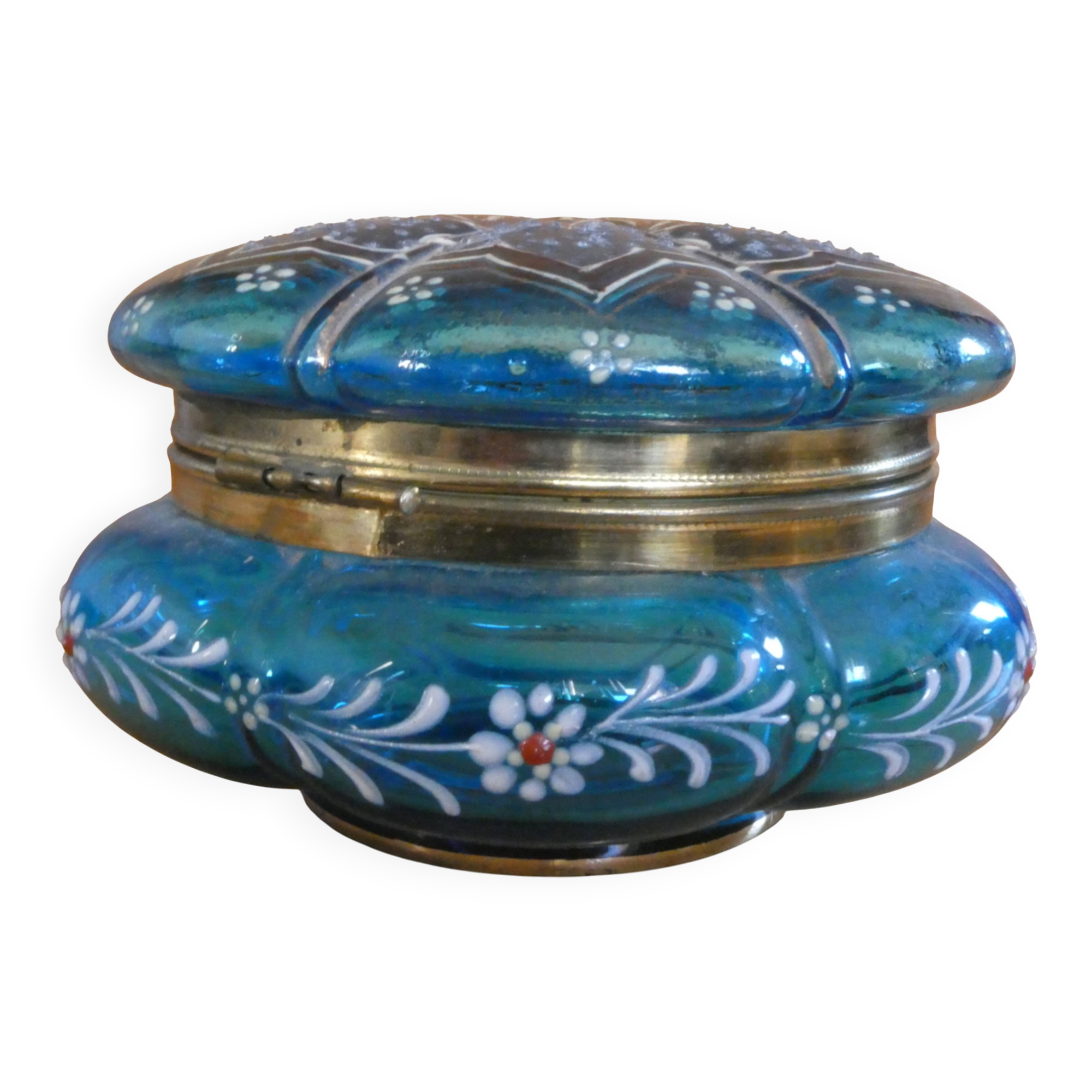 Turquoise glass box, beautifully decorated with gold motifs