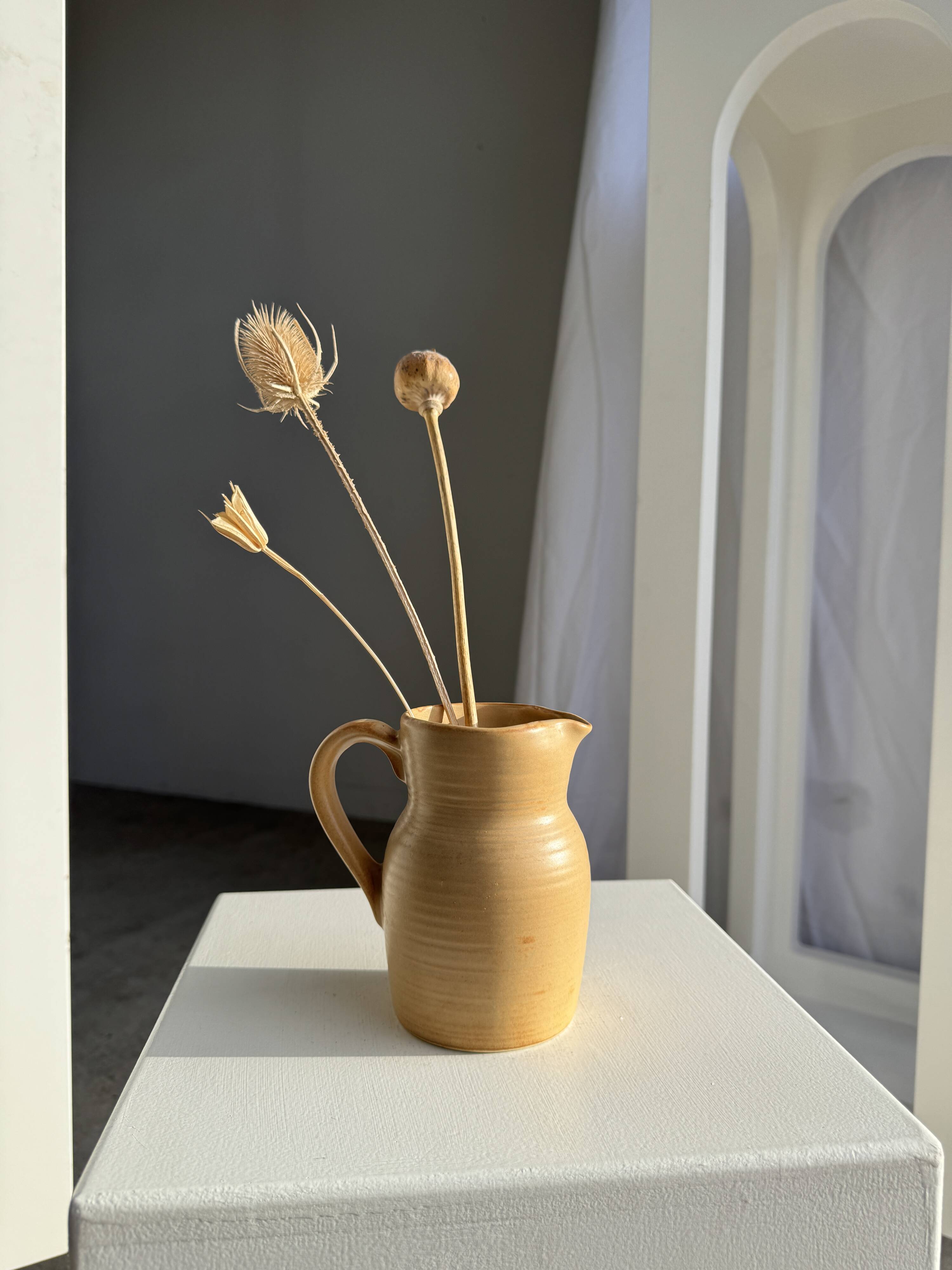 Small vintage jug engraved 50cl matte beige stoneware H14