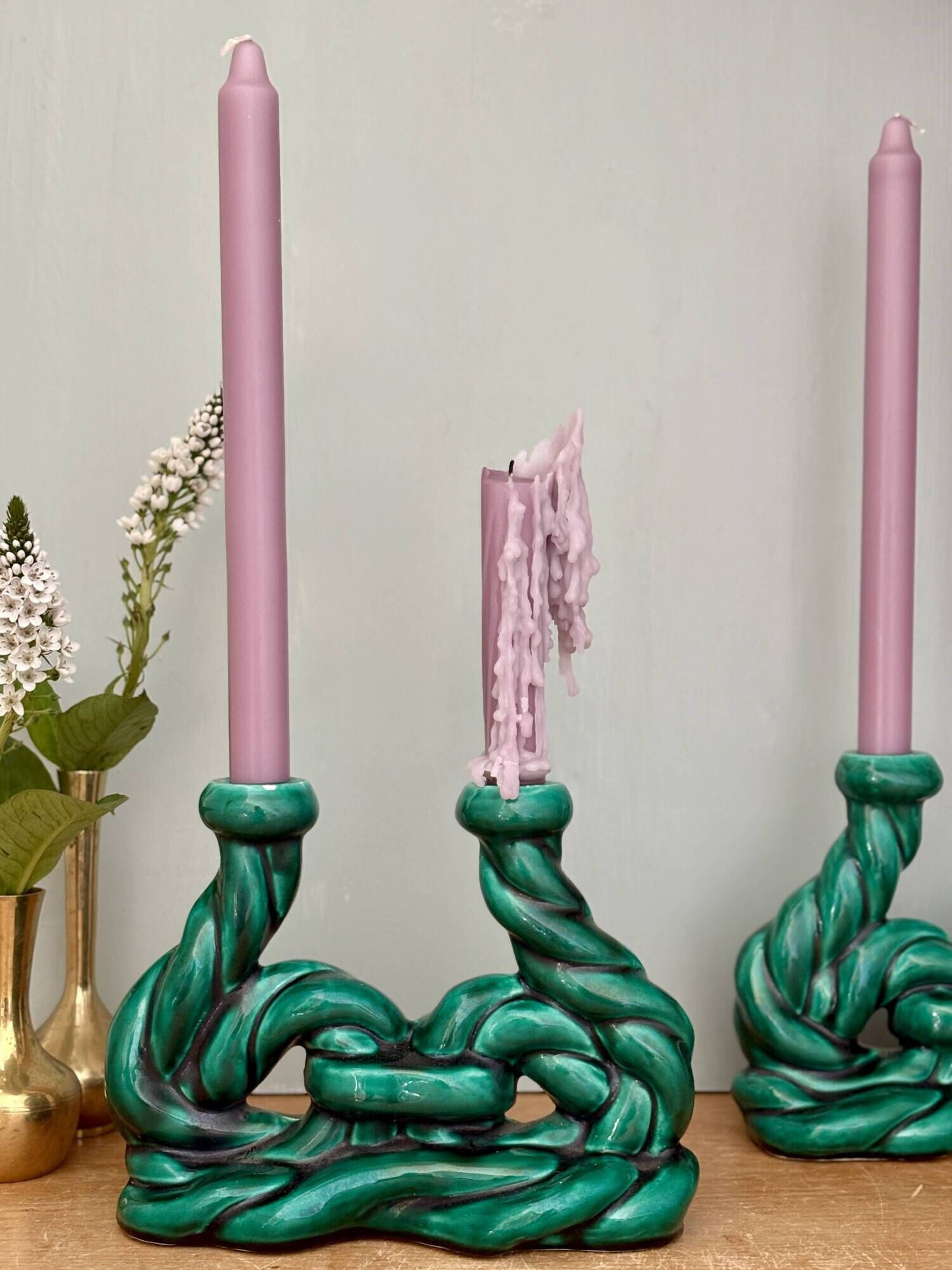 Pair of vintage green ceramic candlesticks signed Hubert Pernin, Vallauris.