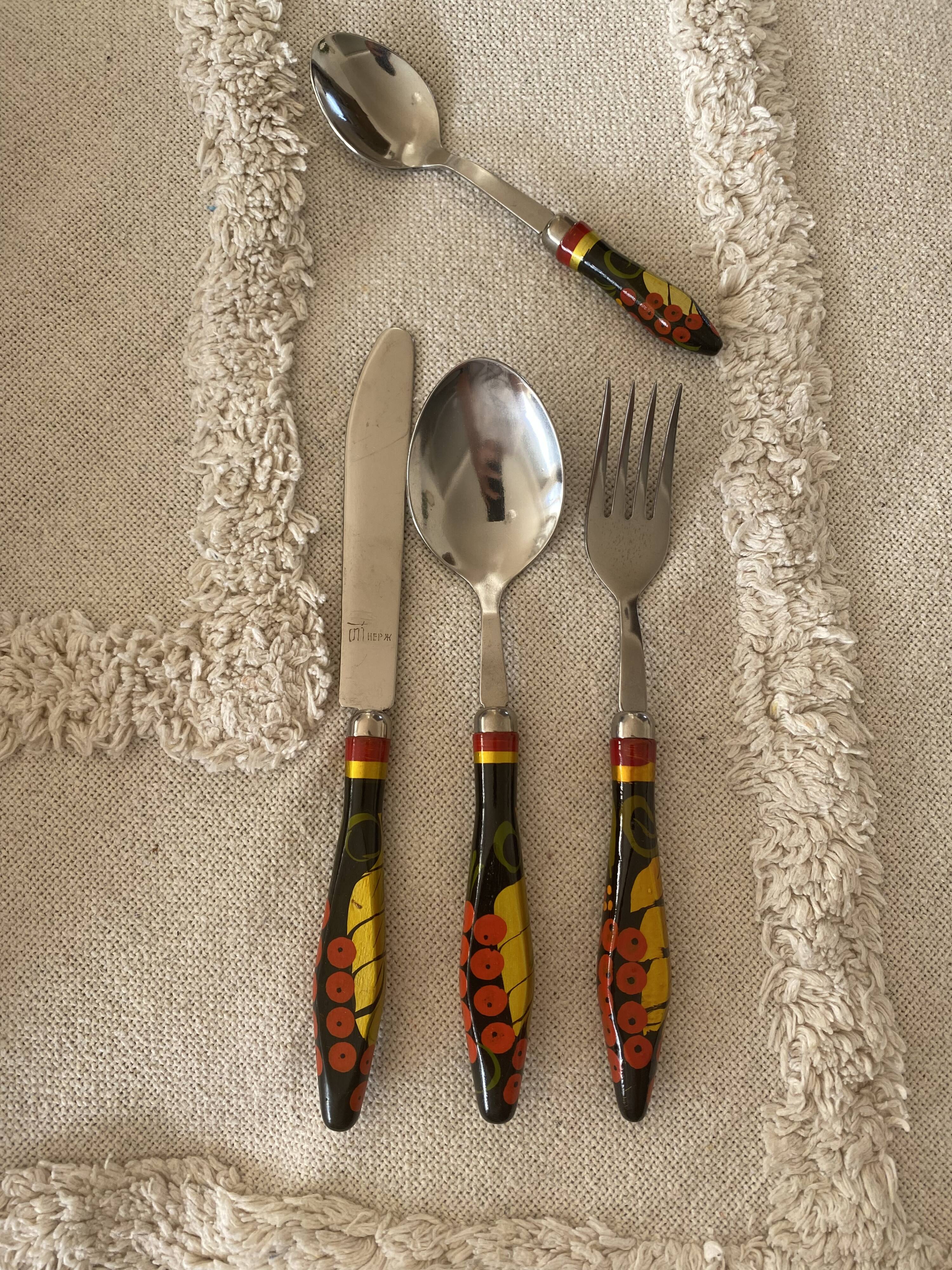 Vintage Ukrainian folk art cutlery set