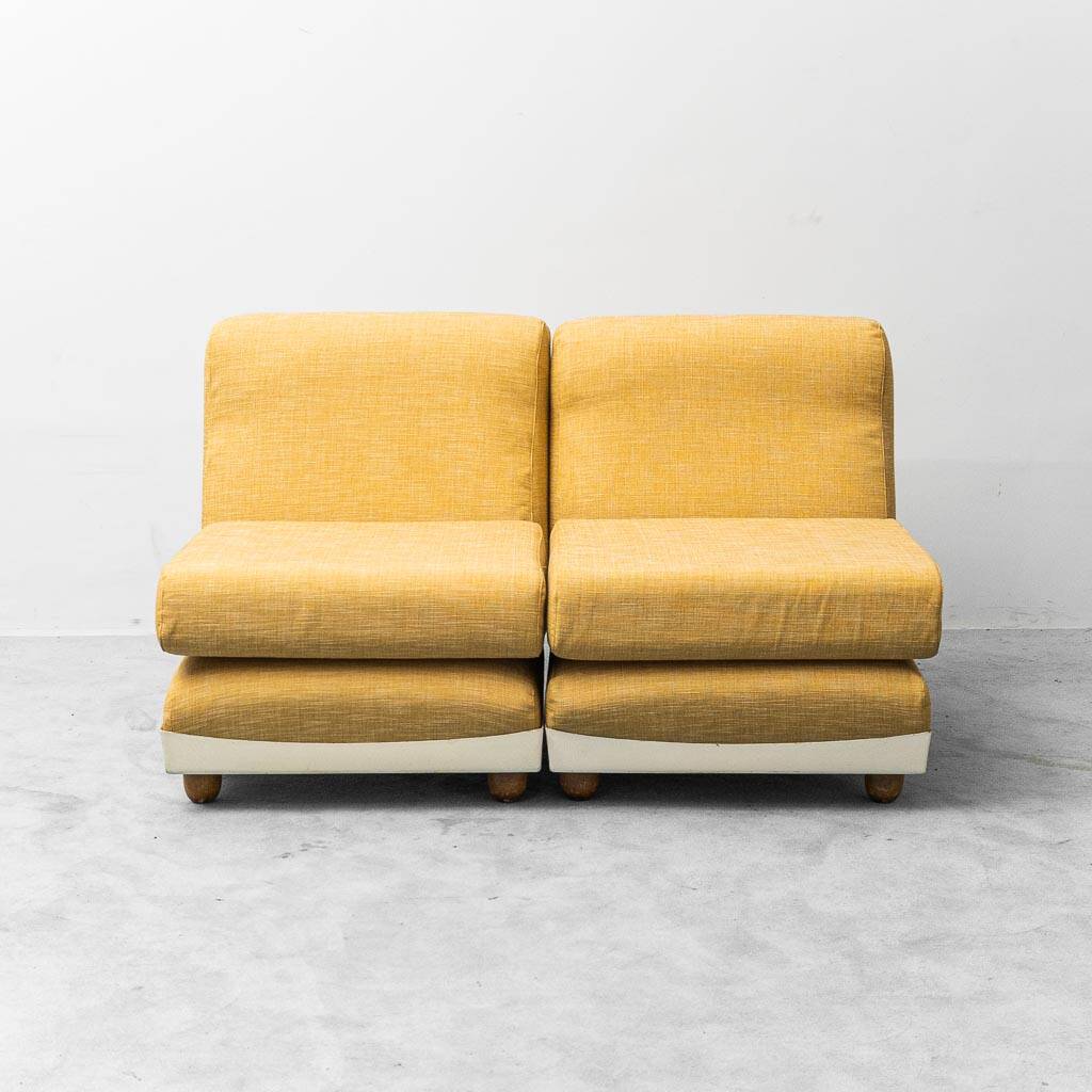 Pair of vintage yellow fabric armchairs, 1970s modernism