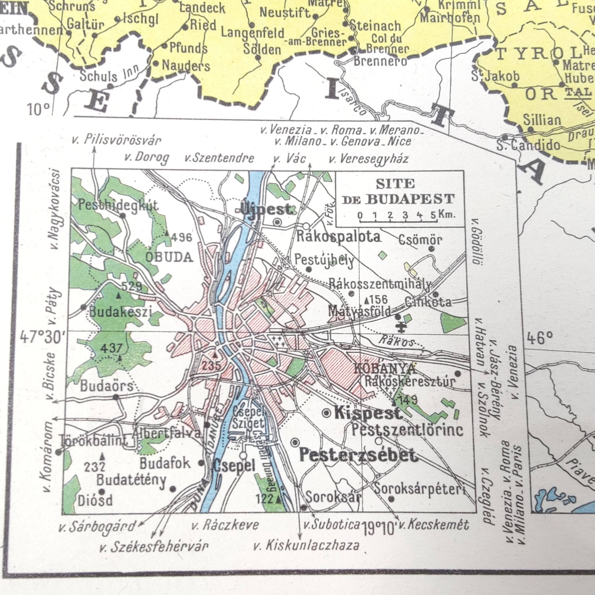 Old map of Austria, Czechoslovakia, Hungary 43x43cm from 1950