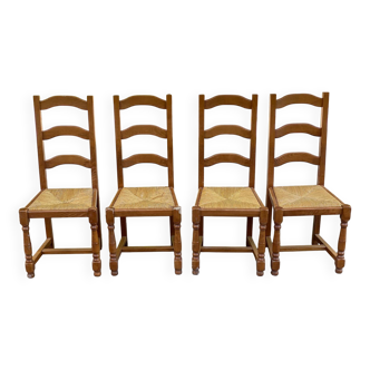 4 chaises  bois massif paillées chêne moyen avec dossier haut type ferme