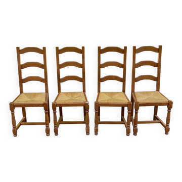4 chaises  bois massif paillées chêne moyen avec dossier haut type ferme