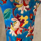 Faience cornet vase with floral decoration signed Emaux de Longwy
