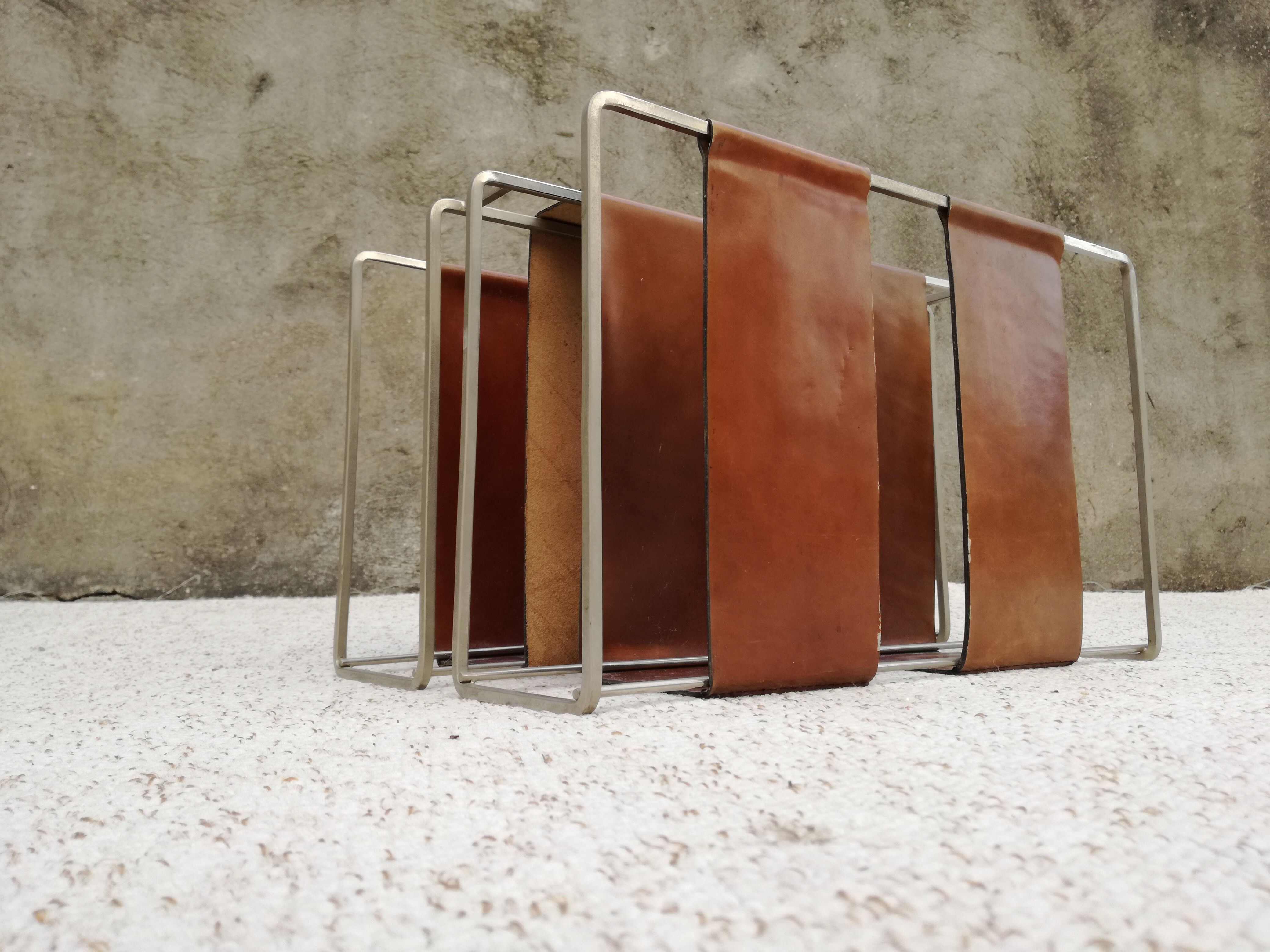 Minimalist metal and camel leather magazine holder