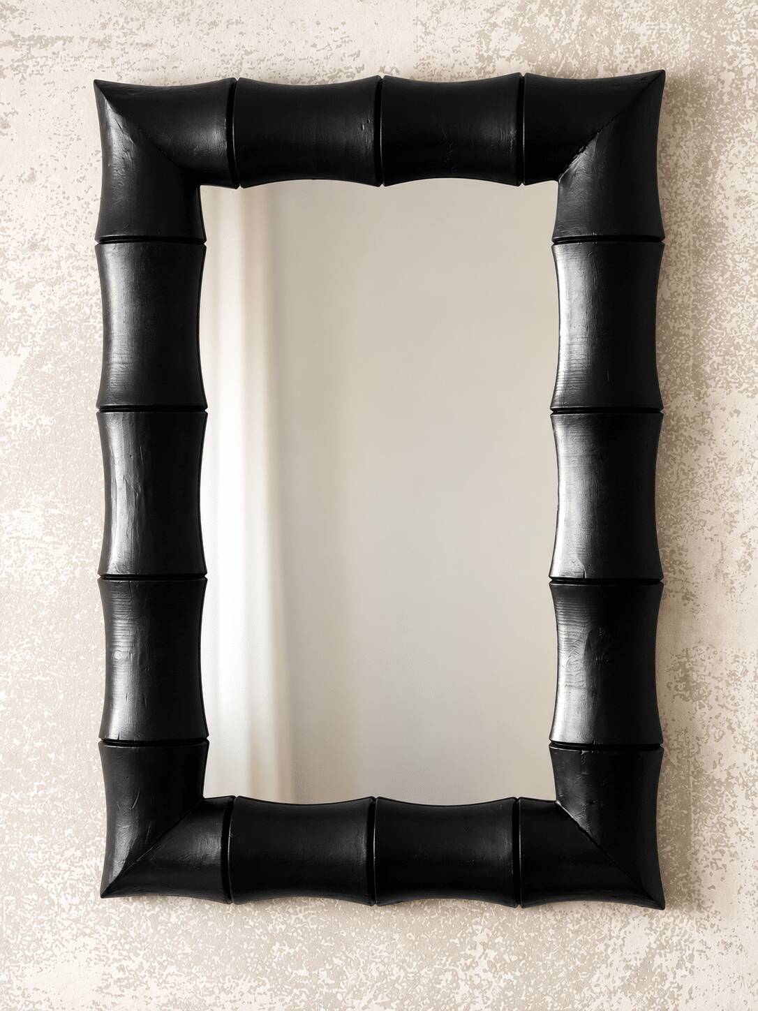 Rectangular mirror in patinated black wood resembling bamboo – 68 × 100 cm