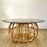 designer round coffee table in rattan and smoked glass 70s