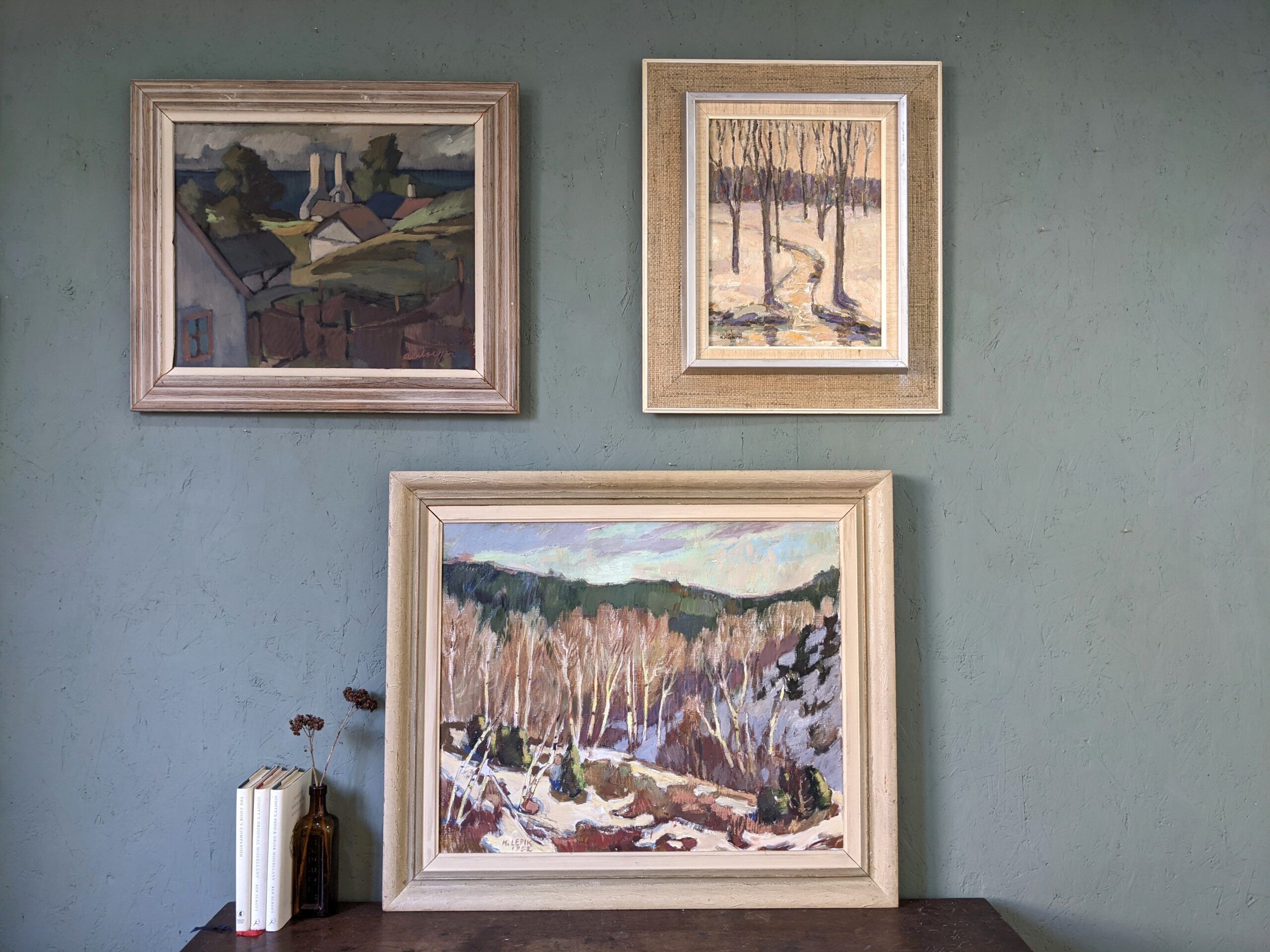 1952 Mid-Century Modern Swedish "Alp Trees" Vintage Winter Landscape Oil Painting, Framed