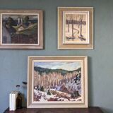 1952 Mid-Century Modern Swedish "Alp Trees" Vintage Winter Landscape Oil Painting, Framed