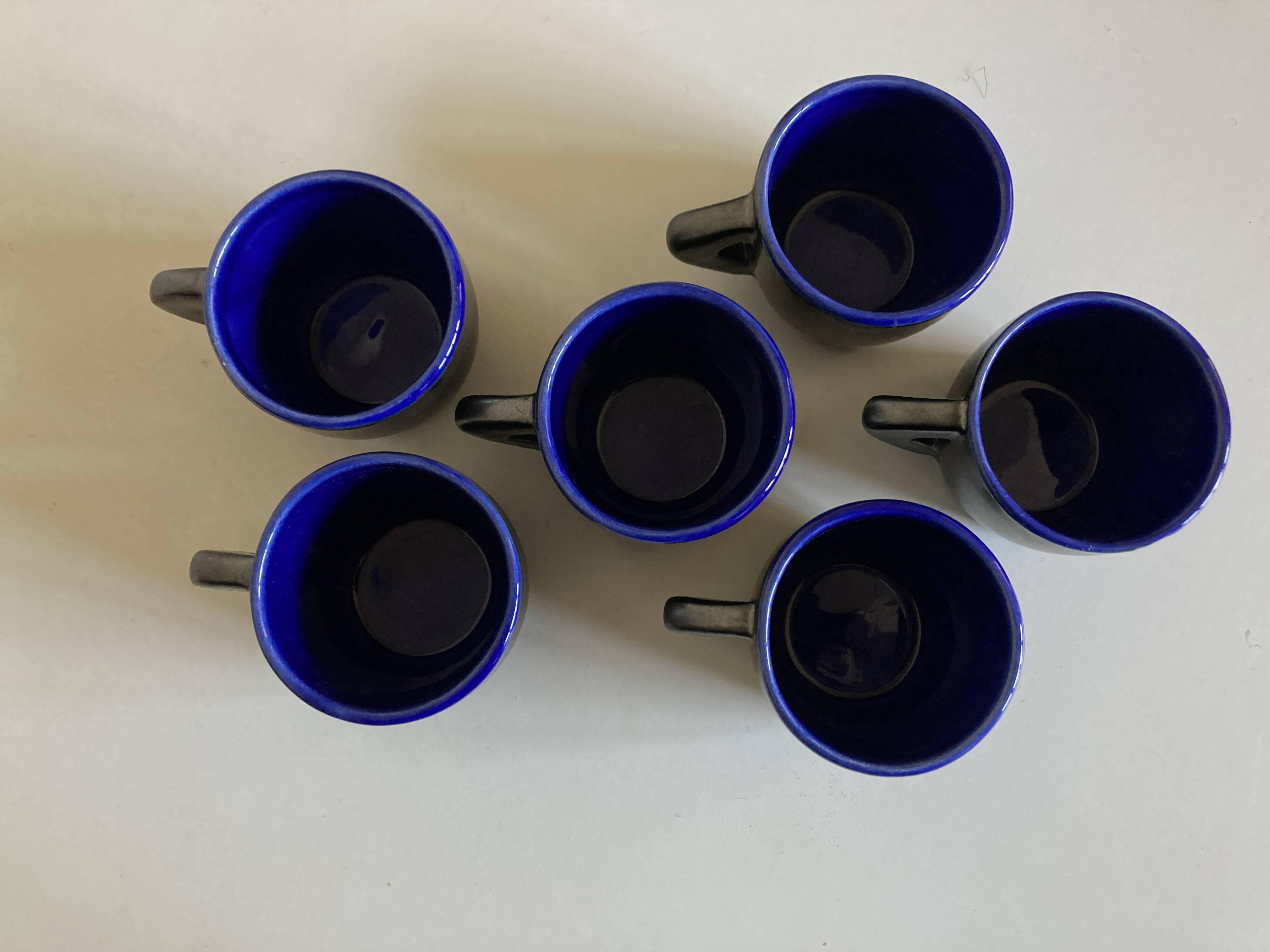 Set of 6 mid-century pottery mugs in glazed earthenware, 1960.