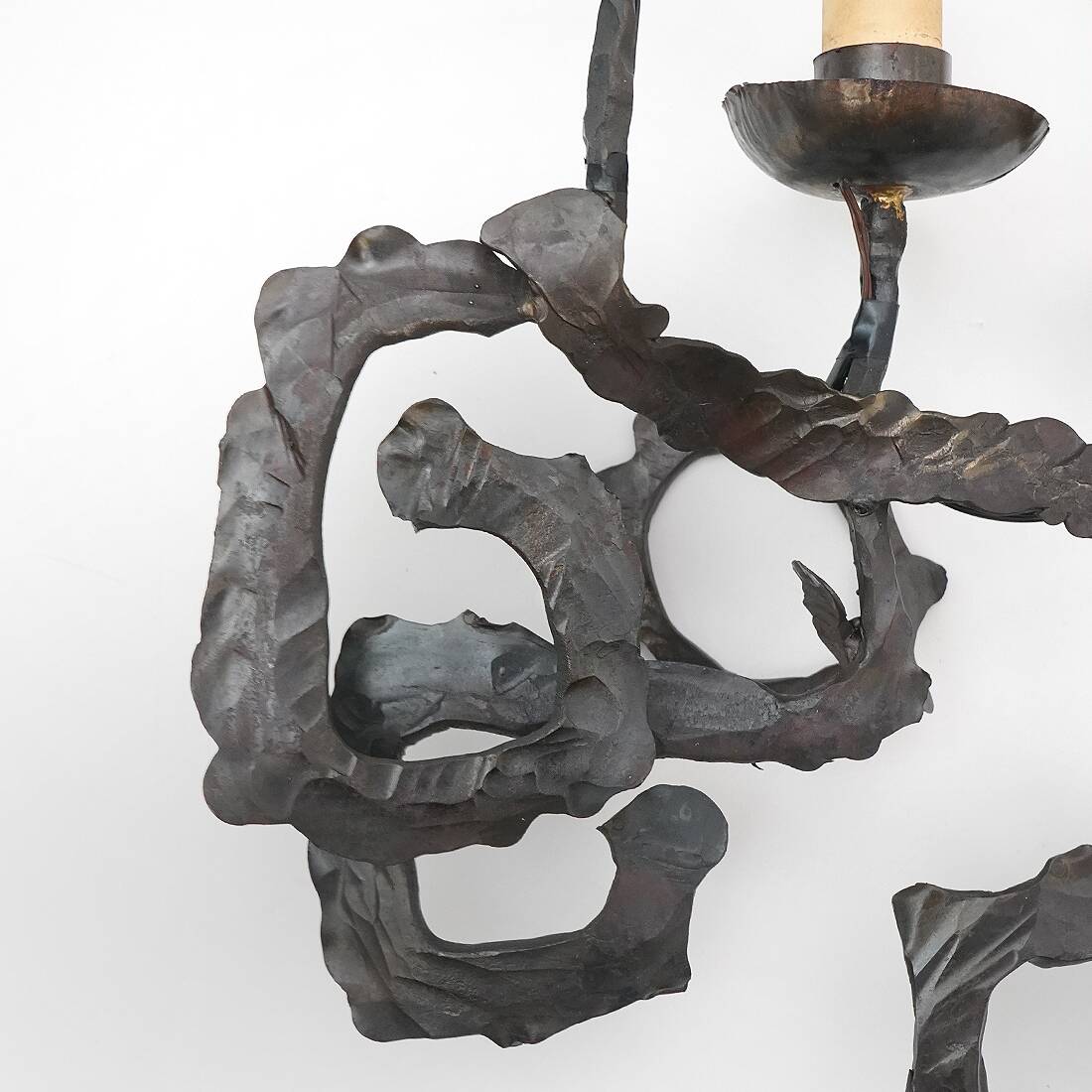 Pair of Brutalist wrought iron wall lamps, 1960s