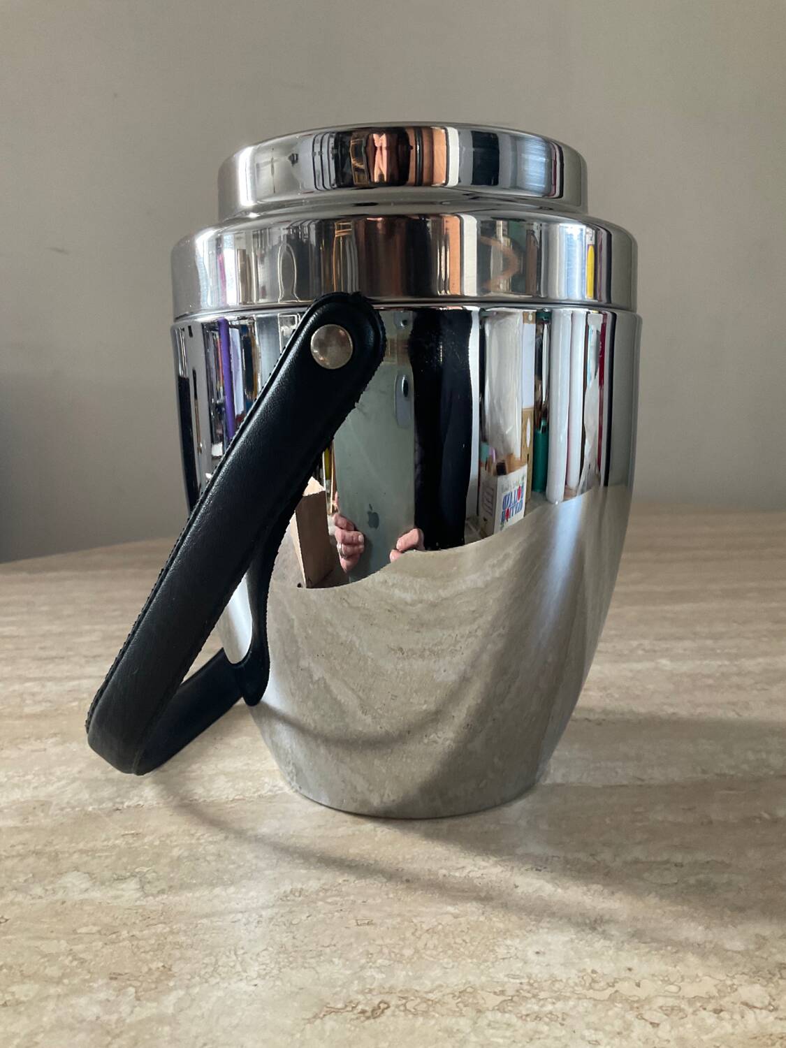 Seau à glace vintage en inox et cuir