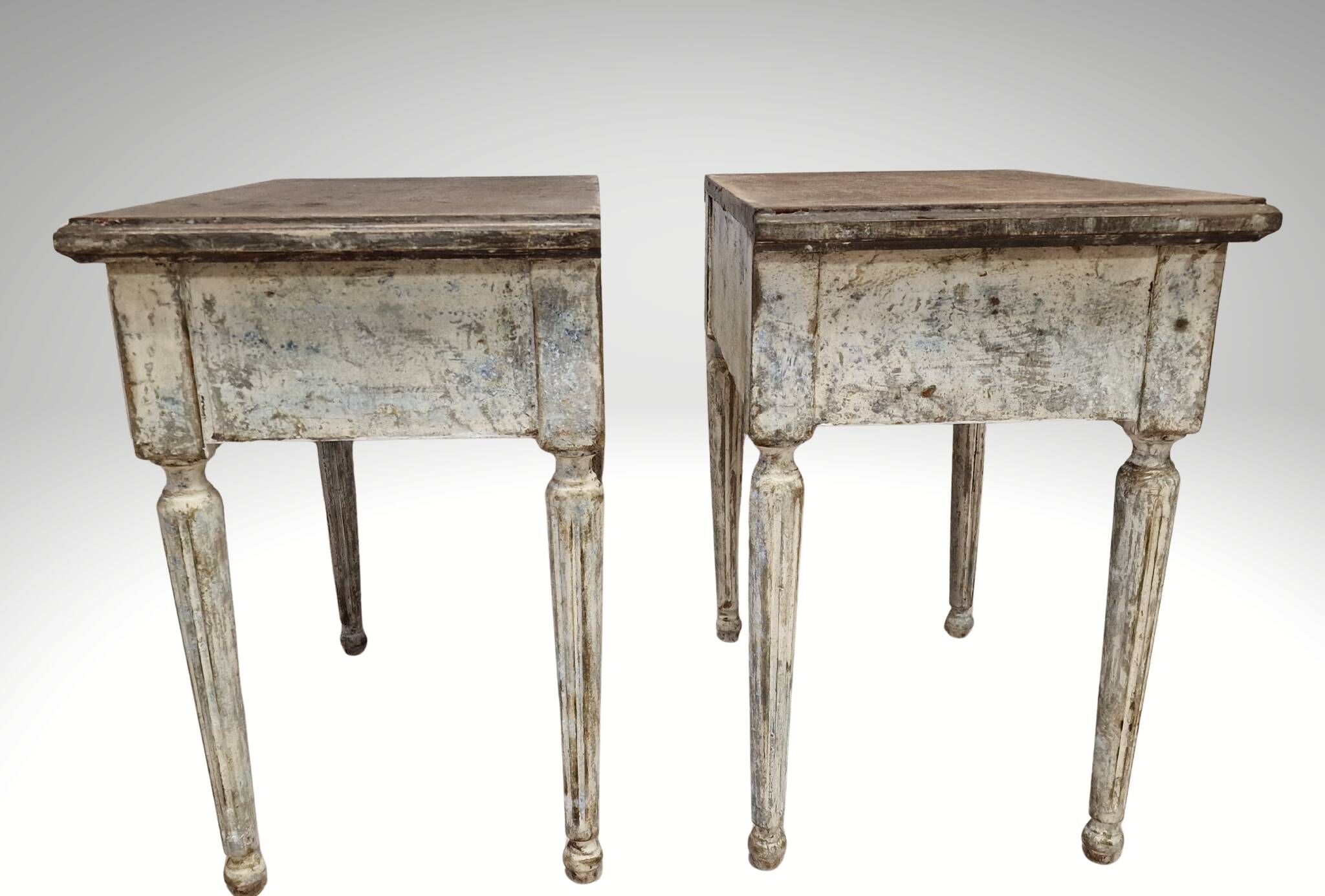 Pair of Louis XVI style bedside tables with patina