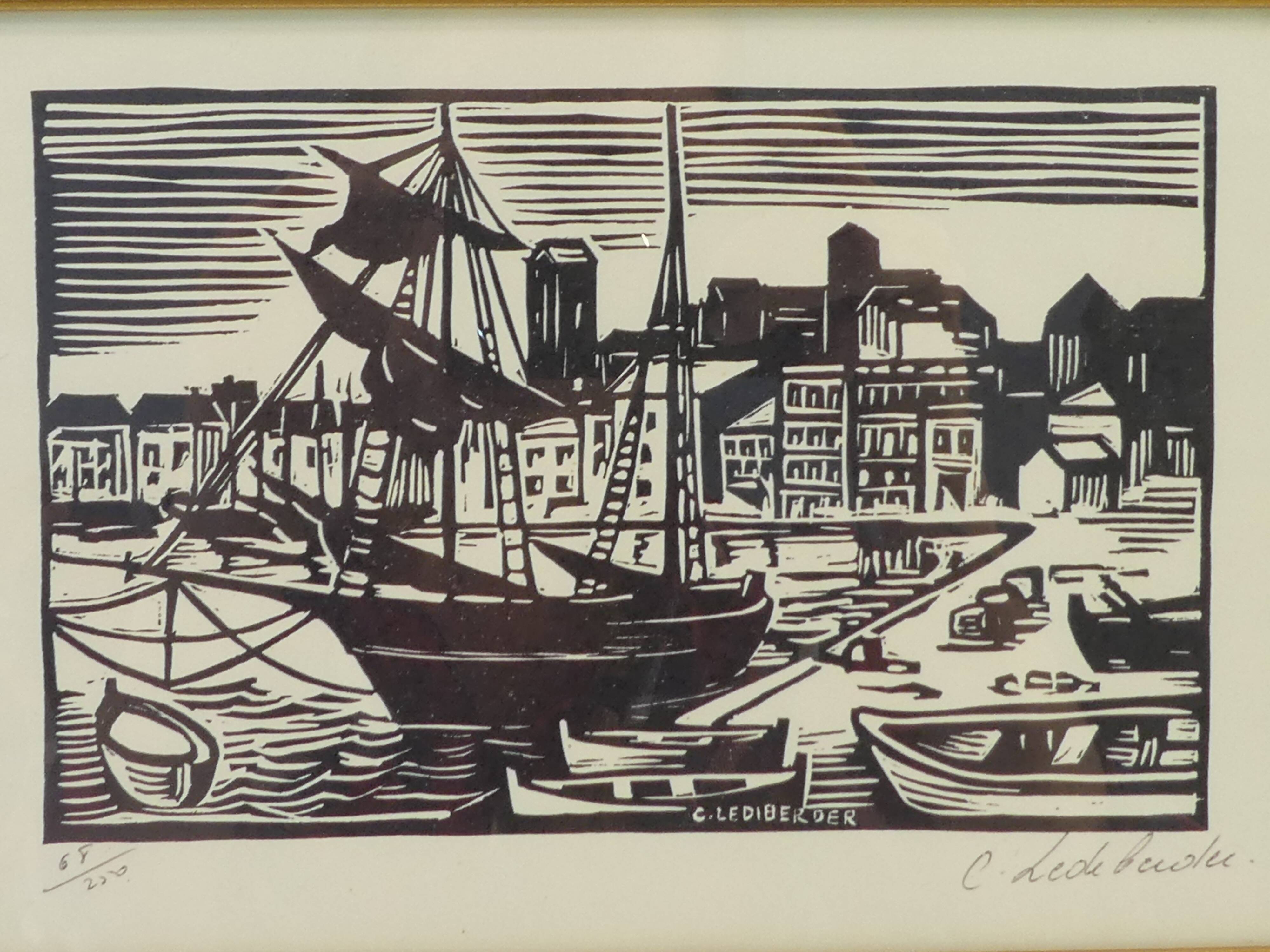 Lithograph print signed c. lediberder boat in port 68/250