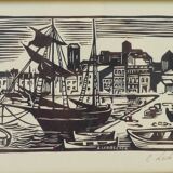Lithograph print signed c. lediberder boat in port 68/250