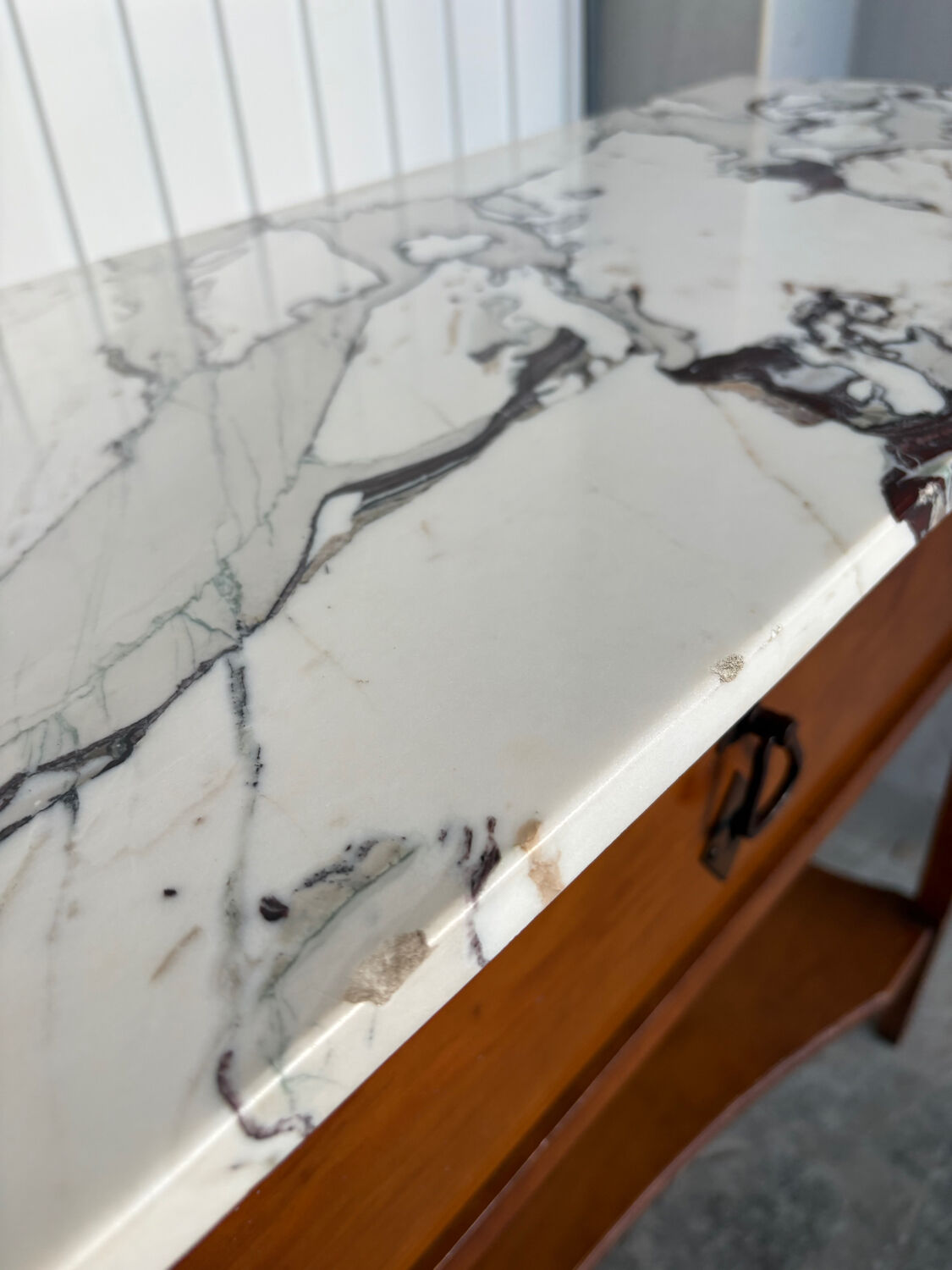 Large console in Calacatta Viola marble & solid cherry wood.