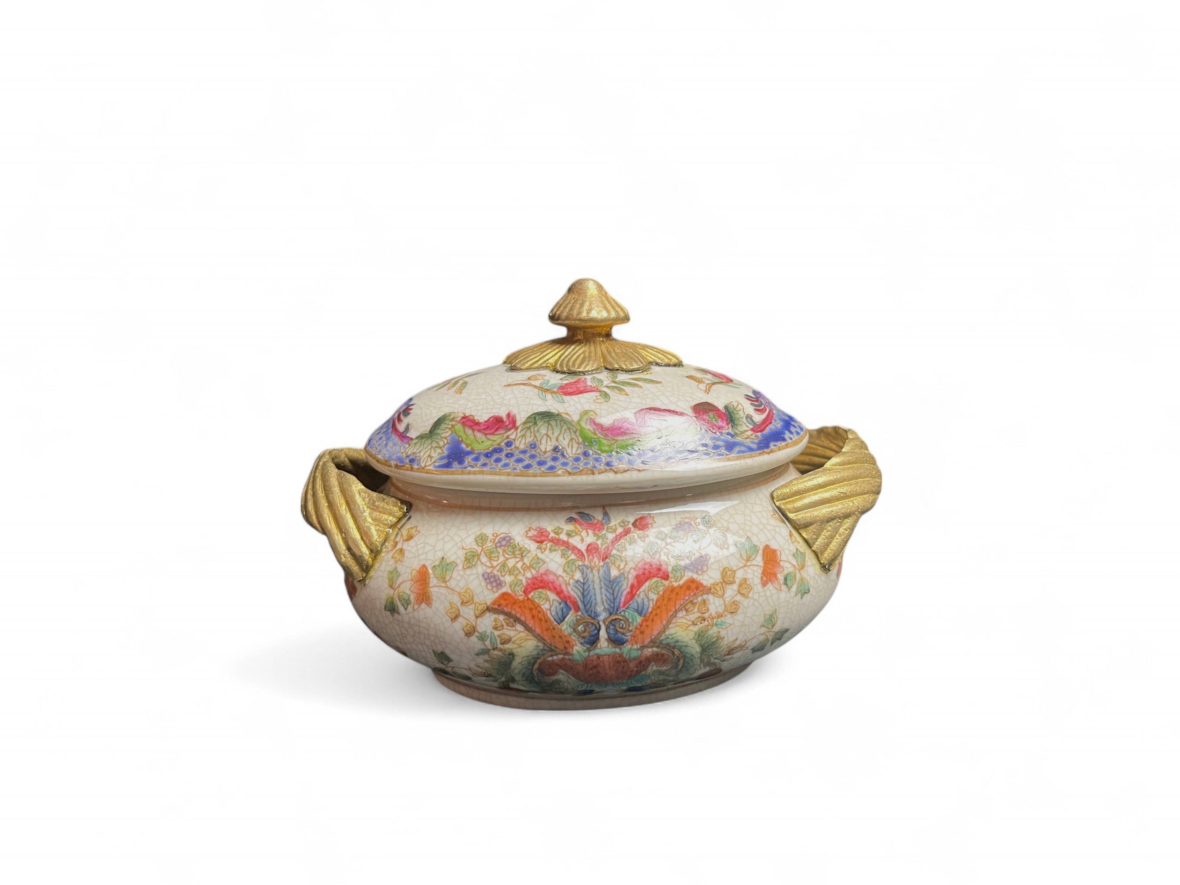 Cracked ceramic candy box with floral and gold decoration, 20th century