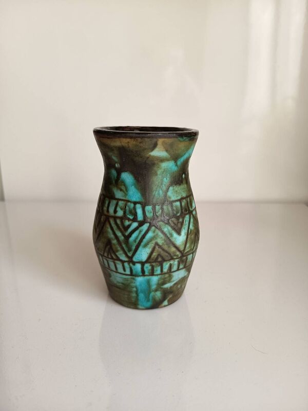 Vase Alain Maunier Vallauris années 50 60 décor géométrique turquoise