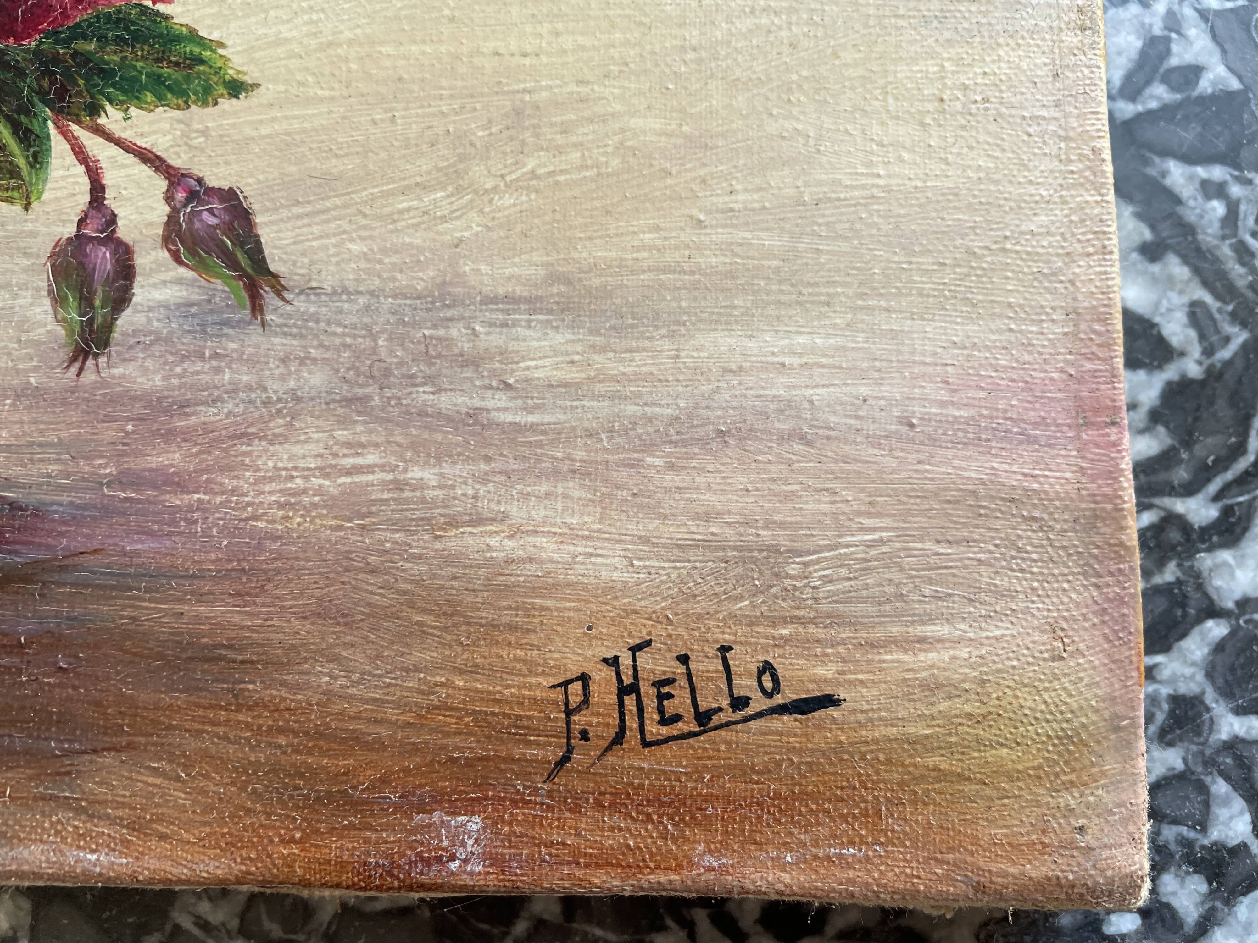 Oil on canvas bouquet of roses signed P. HELLO