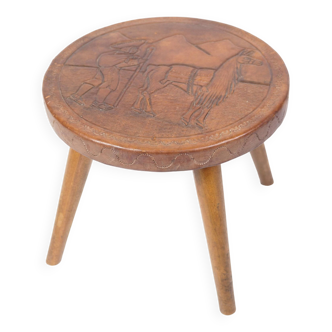 Antique Stool With Carvings Of A Farmer With A Alpaca From 1940s