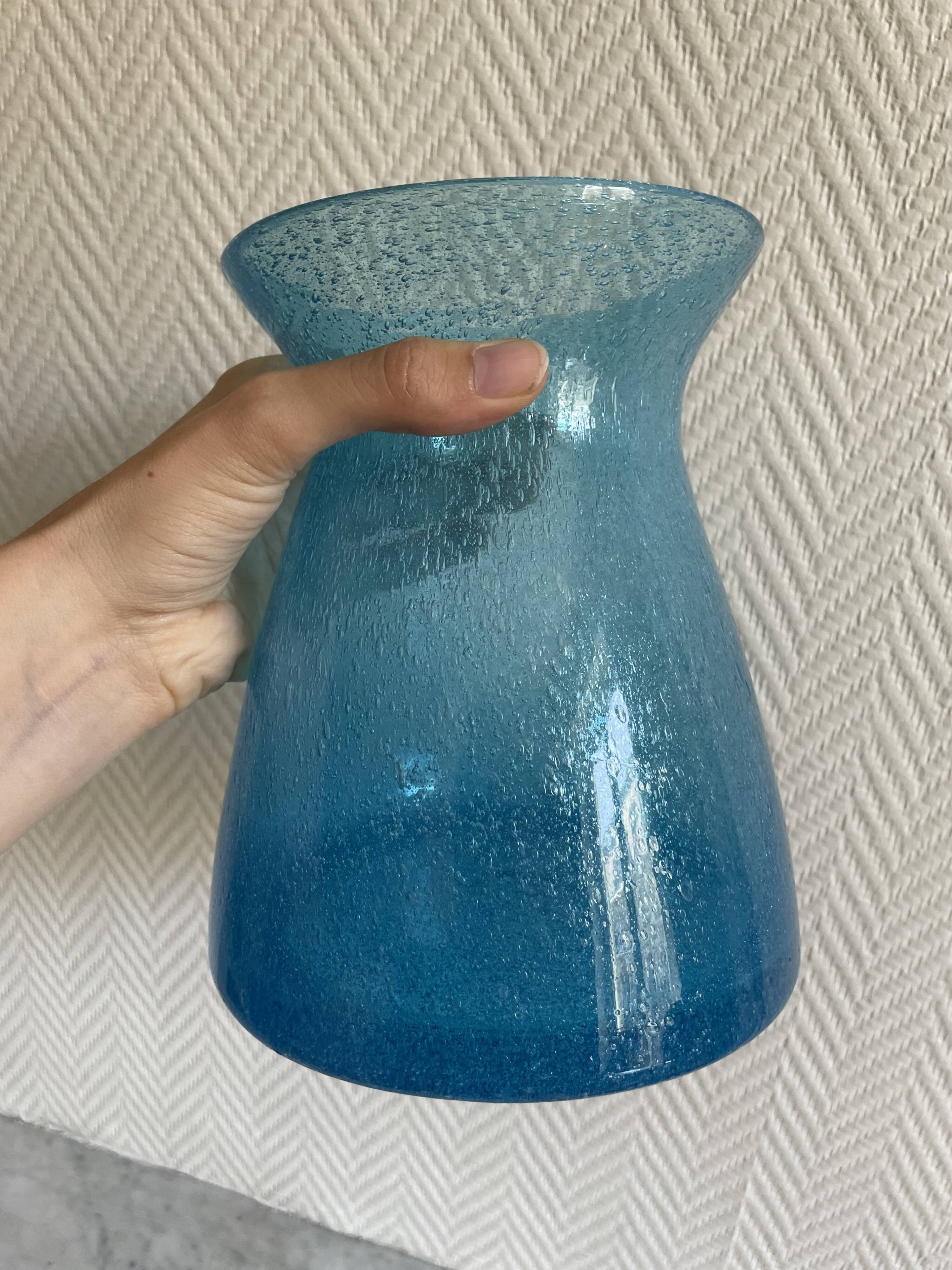 Blue glass vase with encrusted bubbles