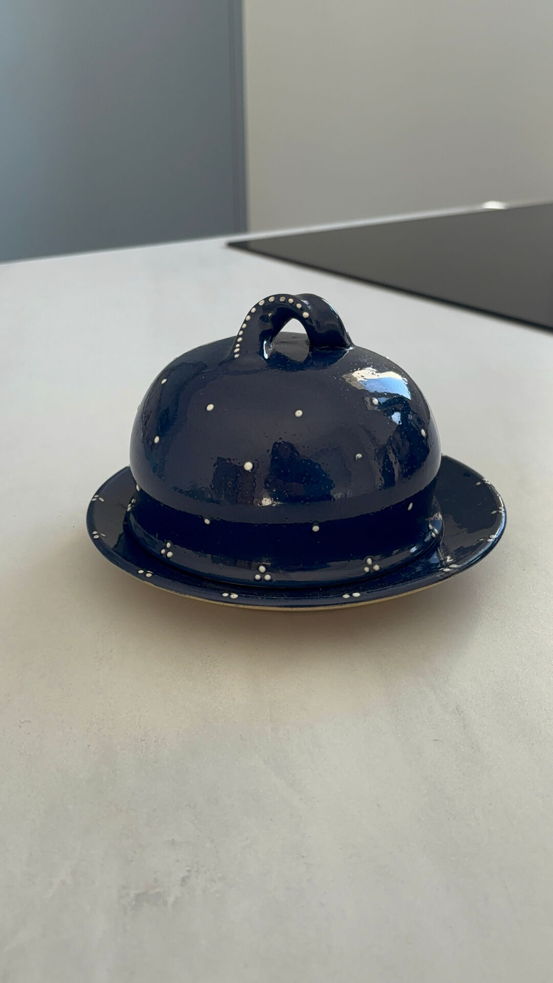 Vintage artisanal blue night ceramic butter dish in Alsatian style.