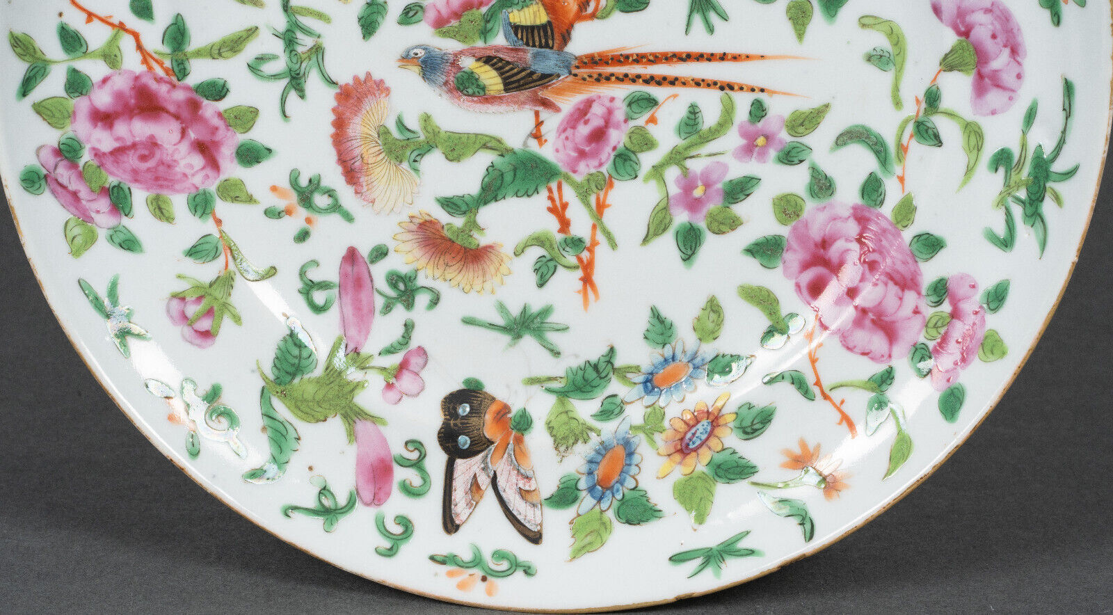 Porcelain plate XIXth Canton with floral decoration birds and butterflies