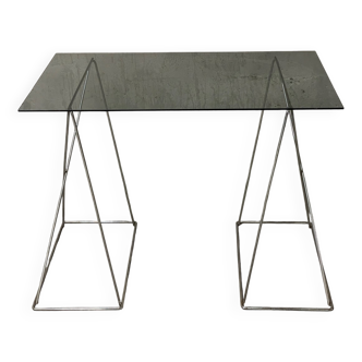 Bureau minimaliste en verre fumé et métal chromé, 1990