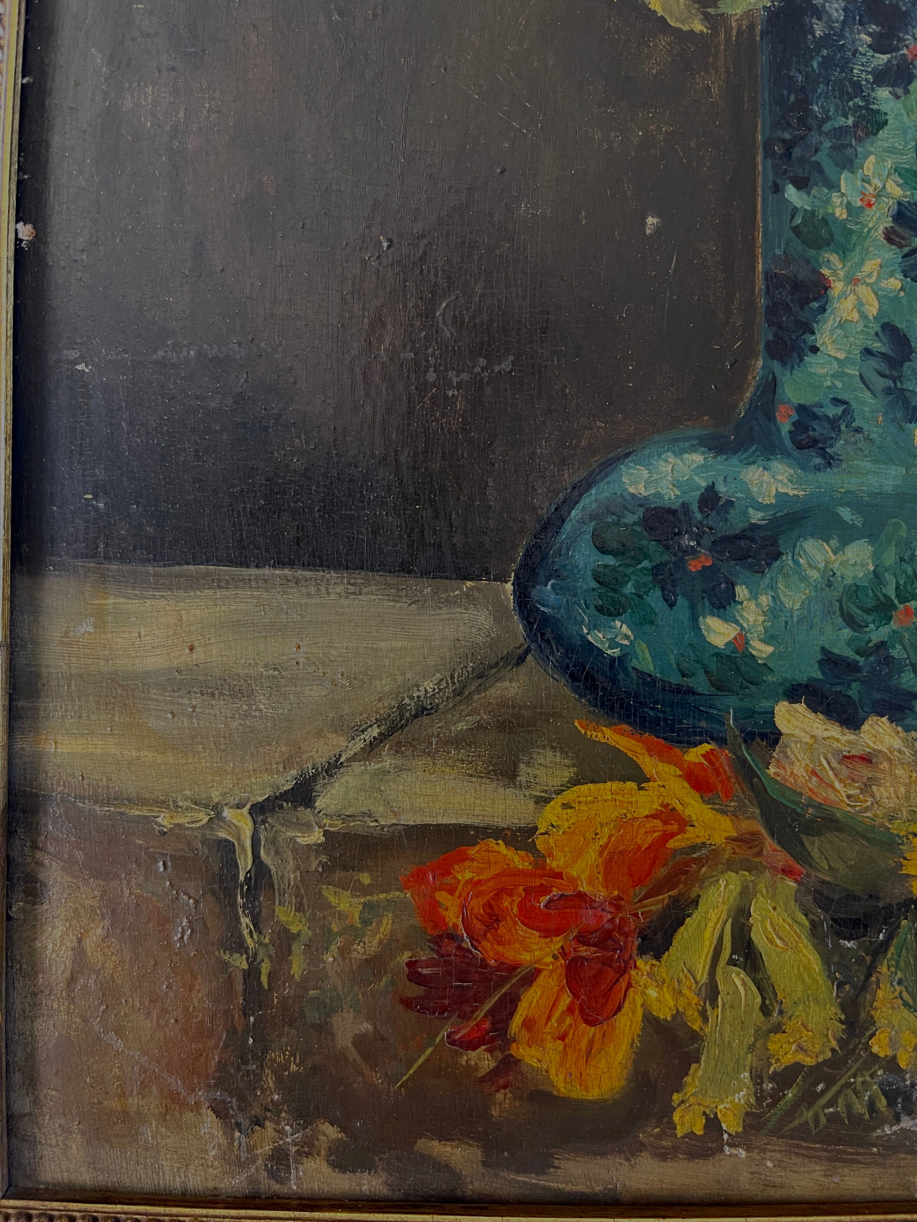 Still life with vase and bouquets of flowers