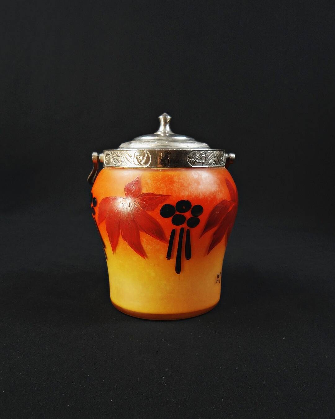 Legras-Montjoye enameled & painted glass biscuit bucket, Art Deco period