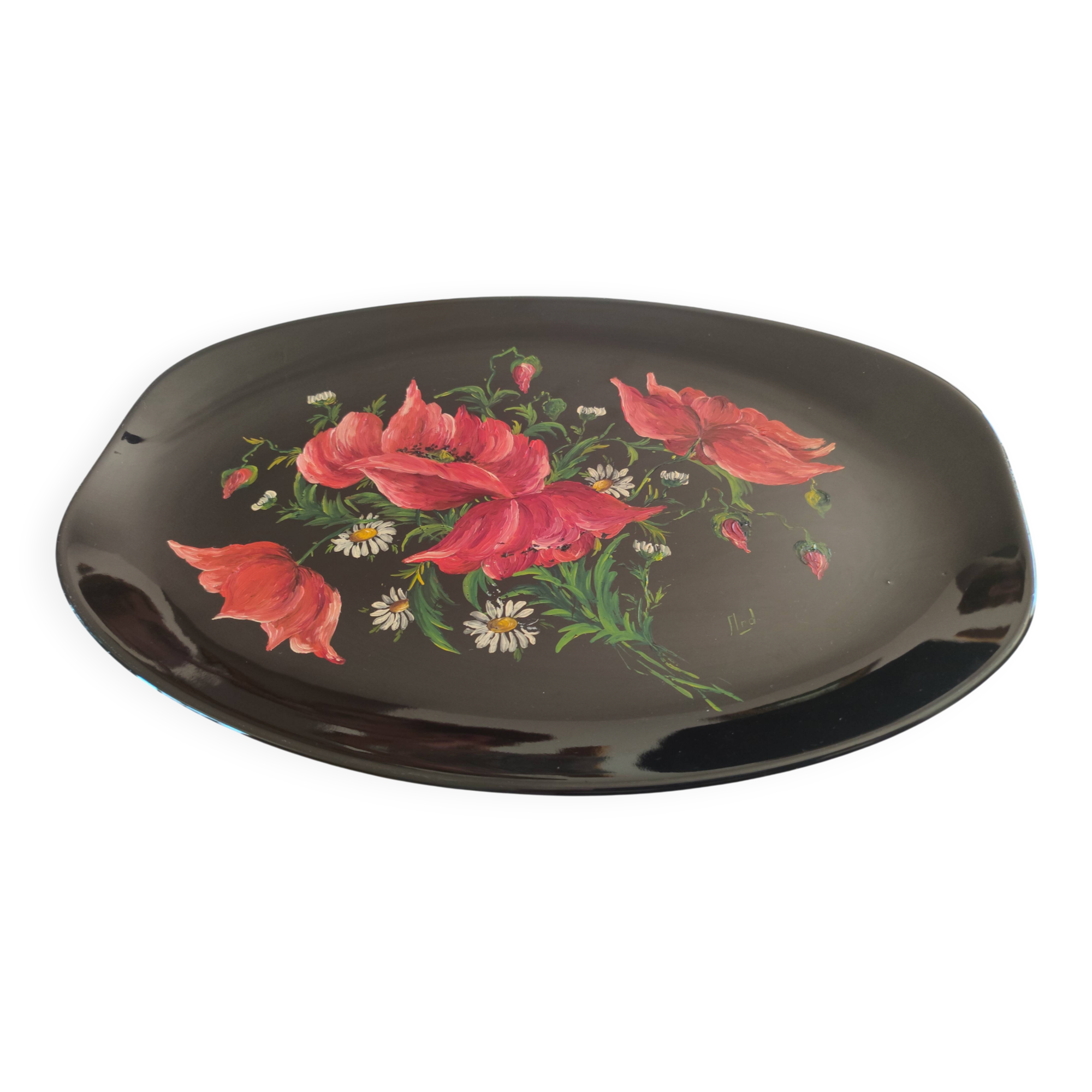 Authentic Longwy dish Black enamels poppy decoration Louis Valenti 1960