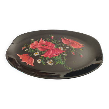 Authentique plat Longwy Emaux noirs décor coquelicots Louis Valenti 1960