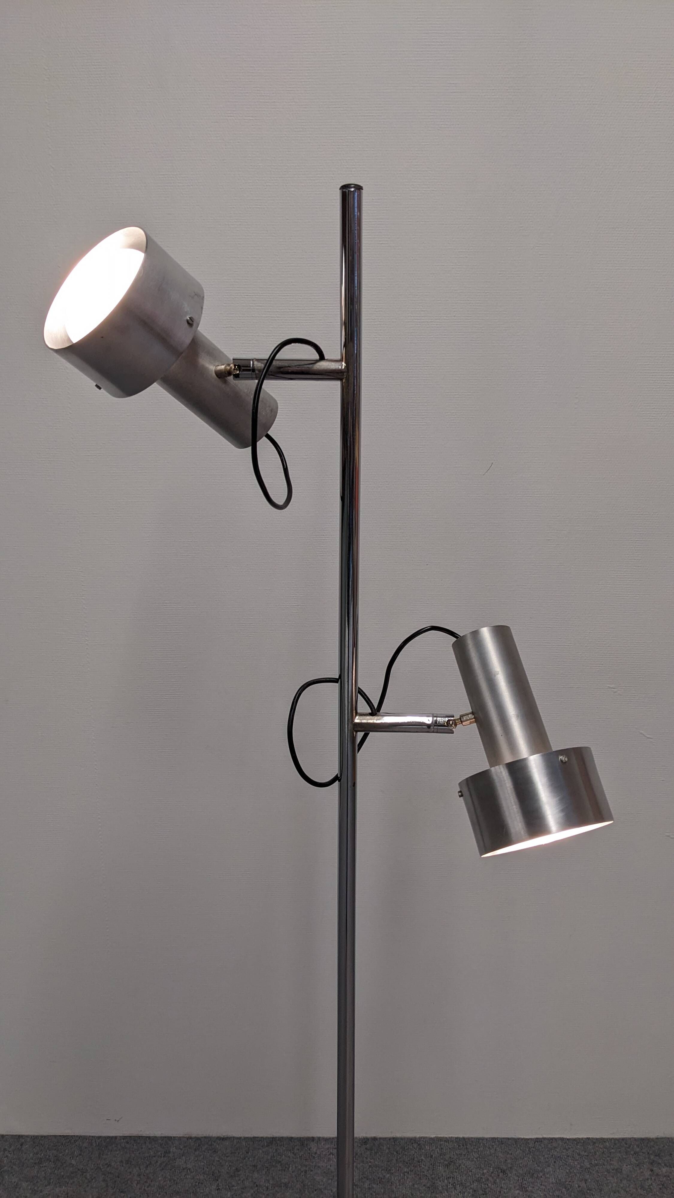Space age modernist floor lamp with 2 aluminium spots, France circa 1970.