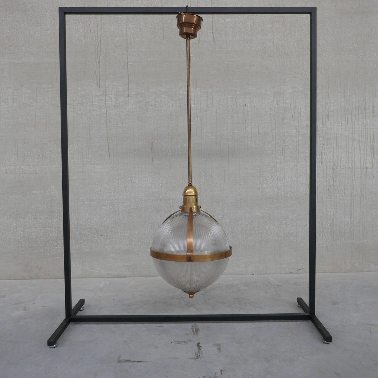Brass and Glass Holophane Style Mid-Century Pendant Light