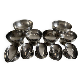 6 Hong Kong stainless steel ice cream bowls and set of five stainless steel avocado dishes