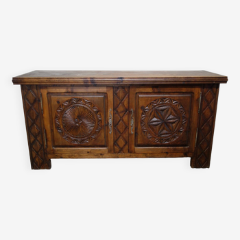 Carved stone pine sideboard, popular art Hautes Alpes 1960s