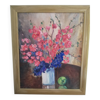 Contemporary painting by the painter Arlette FAVORY, pink and blue flowers in a vase