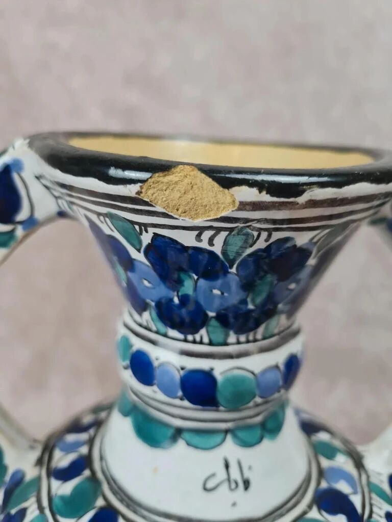 Artisanal Moroccan faience vase signed – blue & green decor