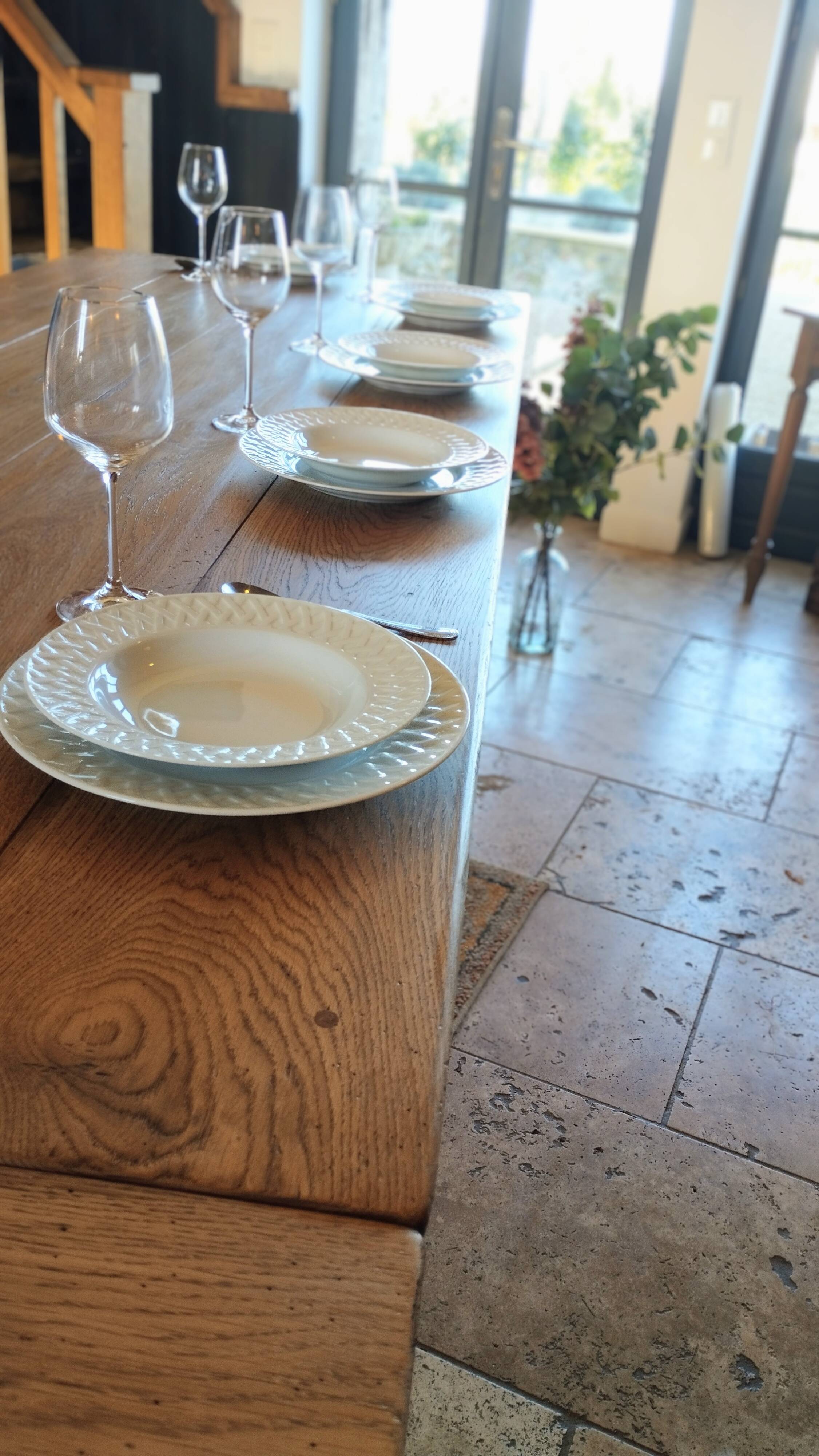 Solid oak farmhouse table with central drawer and extension